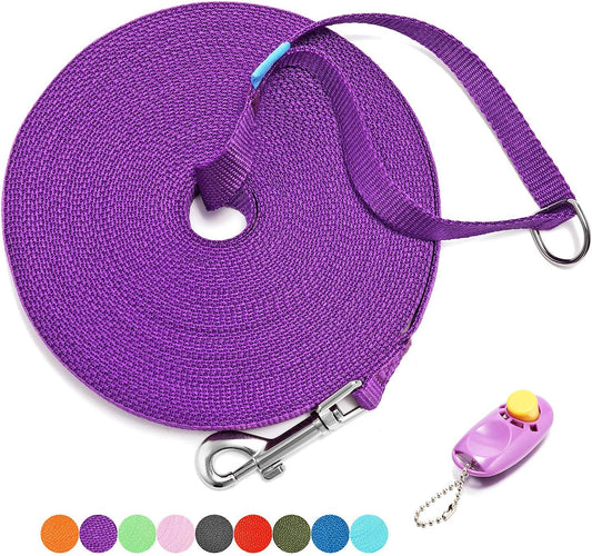 15 Ft, 20 Ft, 30 Ft, 50 Ft, 100 Ft Long Training Leash for Dog Cat Training, Play, Camping, or Backyard Lead with Free Training Clickers for Small, Medium and Large Dogs or Cats